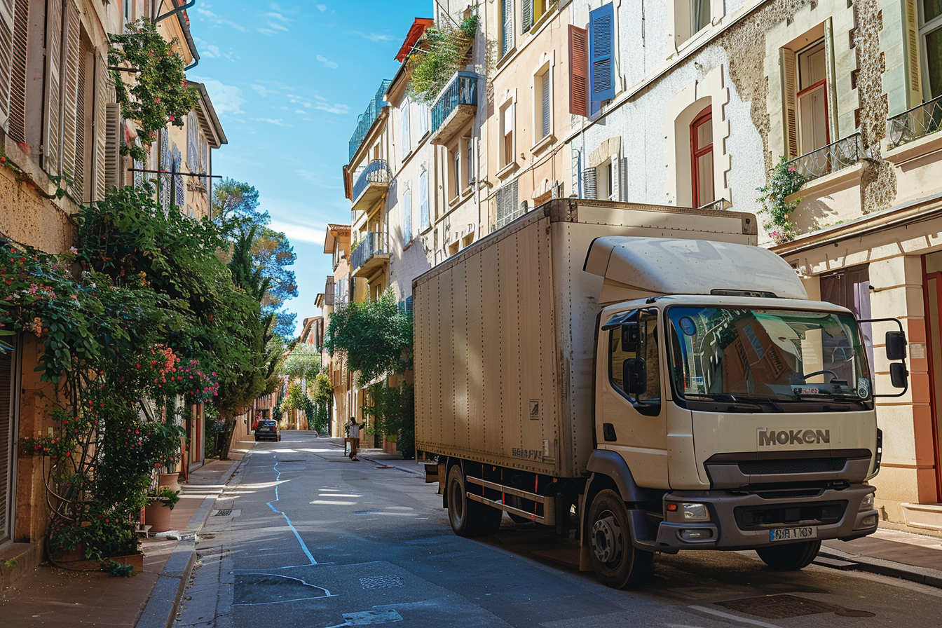 Alt de l'image: "Camion de déménagement garé en toute légalité à Montpellier grâce à une autorisation de stationnement obtenue pour un déménagement sans tracas.
