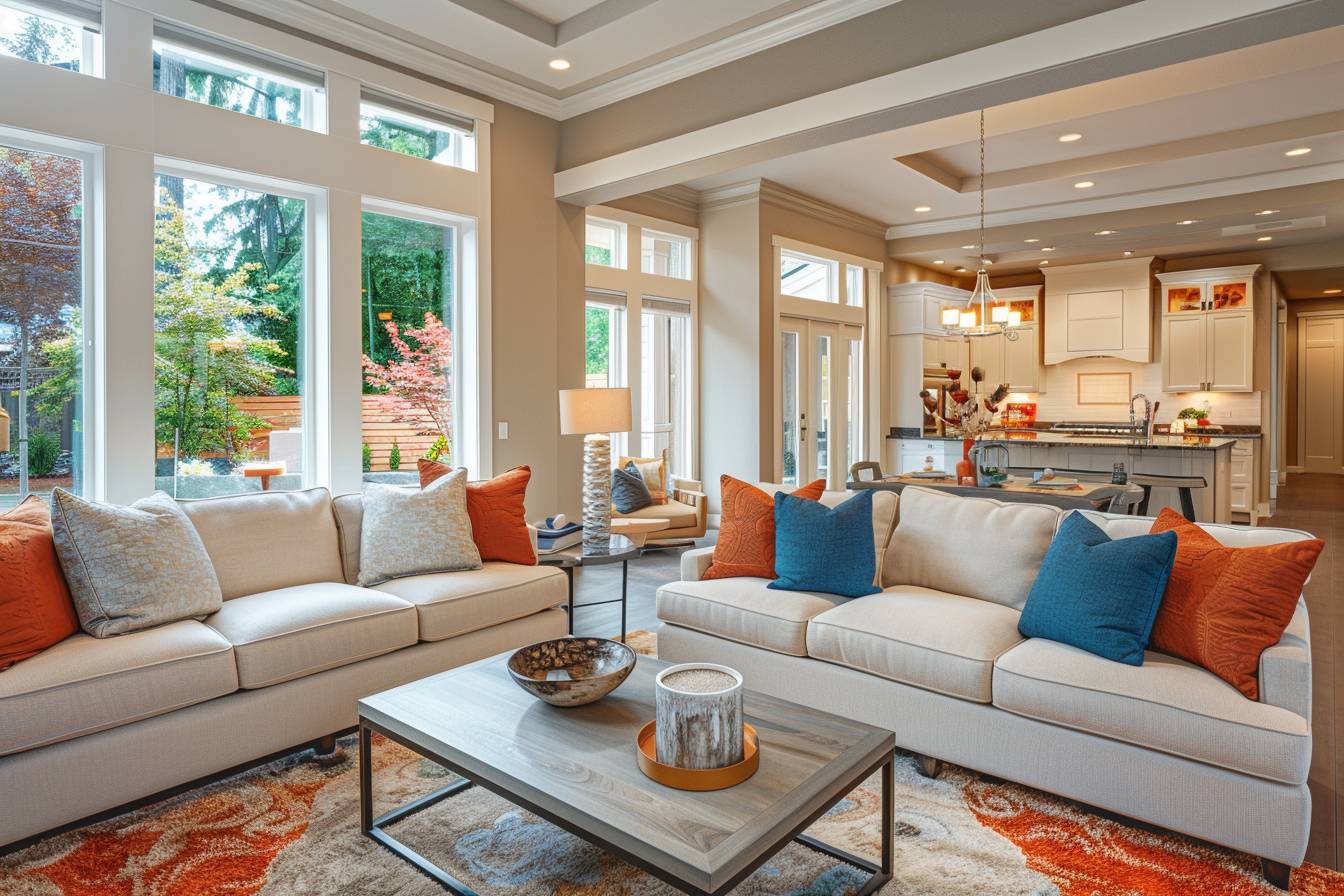 Exemple de salon dans une maison ouverte montrant comment harmoniser les couleurs de peinture pour un espace équilibré et accueillant