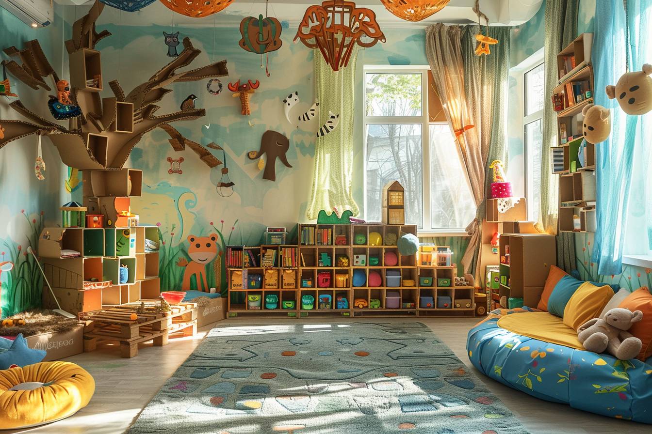 Alt d'image: "Chambre d'enfant colorée et écologique décorée avec des matériaux recyclés, illustrant des idées créatives pour métamorphoser l'espace en combinant écoresponsabilité et fantaisie.